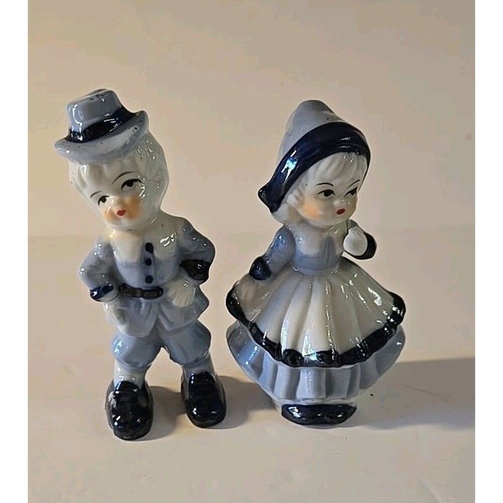 Vintage Delft Blue Dutch Ceramic Pair Boy/Girl in Blue & White 4" Figurine
